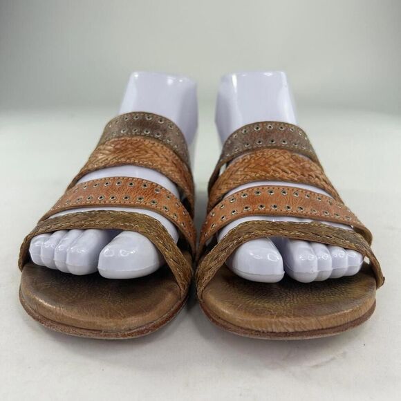 Bed Stu Henna Women's Sandals US 6.5 Brown Strappy Woven Leather Studded Slide - Picture 2 of 11